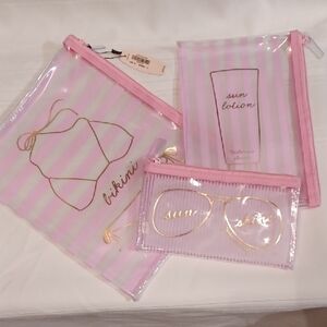 Victoria Secret Pink Striped Travel With Gold Pouch Set